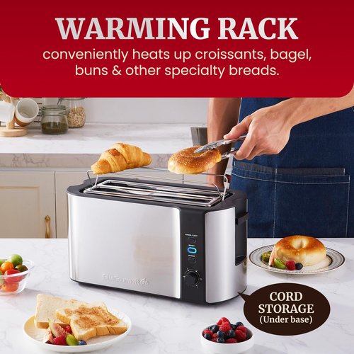 Elite Gourmet ECT-3100 4-Slice Long Slot Toaster | Extra Wide Slots for Bagels, Sourdough & Texas Toast | 6 Browning Settings | Reheat, Defrost & Cancel | Built-In Warming Rack | Stainless Steel