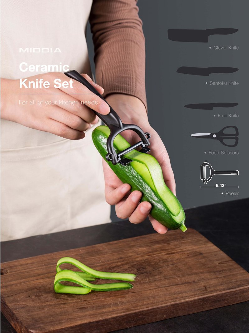 Kitchen Knife Set (6 Pieces), Ceramic Essential Knife Set with Block, Rust-Resistant Blade with Ergonomic Handle, Housewarming Gift, Black/White