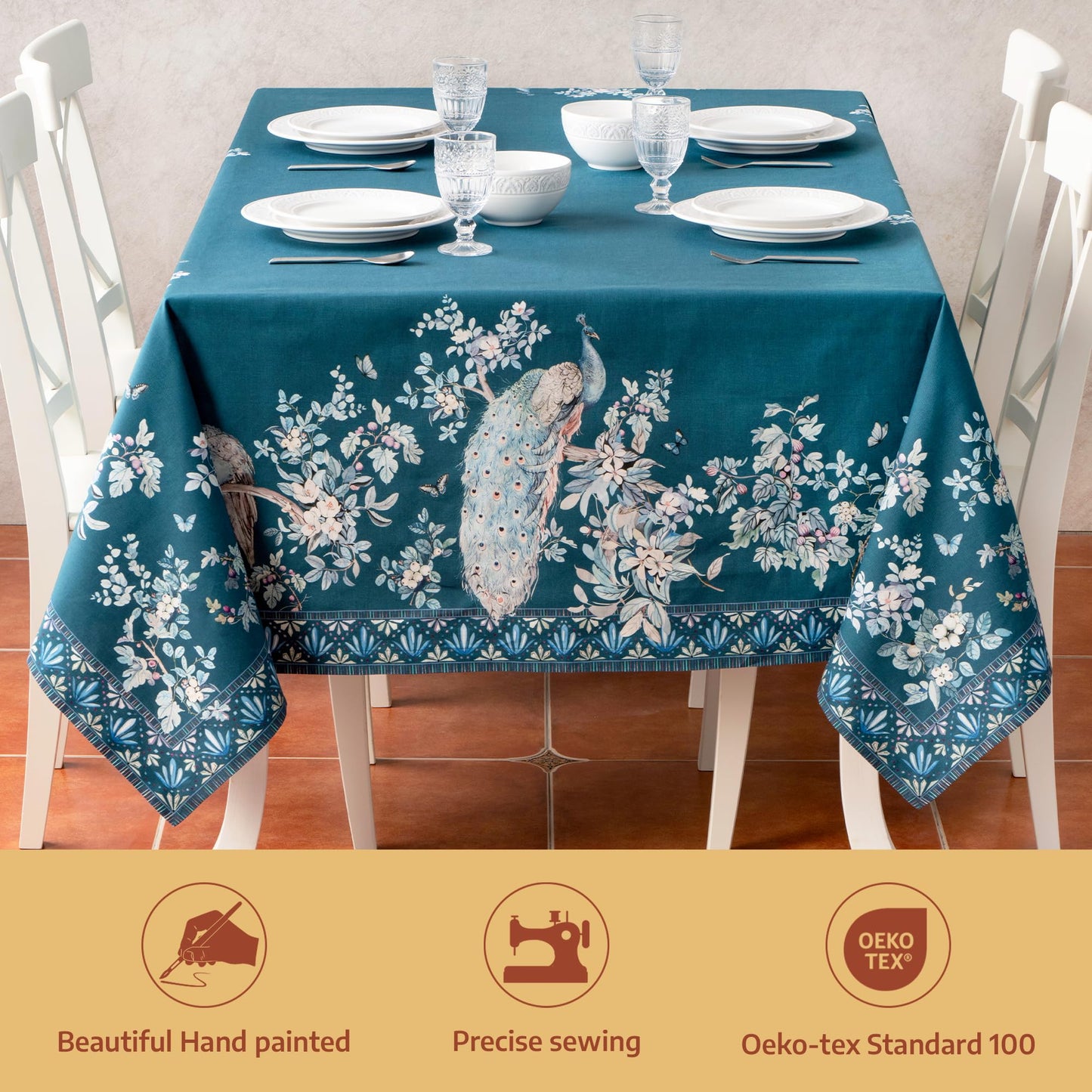 Maison d' Hermine Premium Table Cloth Square Table 100% Combed Cotton 70 x 70 Inches Tablecloth Reusable Decorative for Dining Room, Farmhouse, Party, Festive & Wedding - Peacock Utopia - Deep Sea