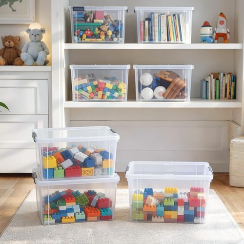 Citylife 7.8 QT Small Storage Bins - Stackable Plastic Containers with Lids | Clear White 6-Pack