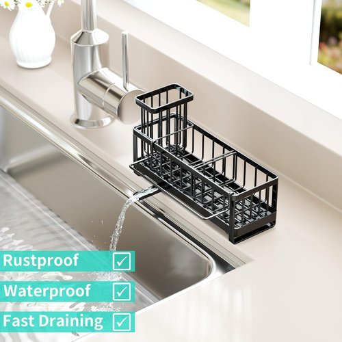 HapiRm Sponge Holder - Self-Draining Sink Caddy with Brush & Dishcloth Holders | Black Stainless Steel