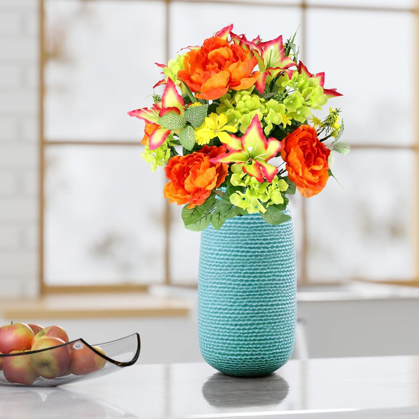 24-Stem Artificial Flower Arrangement - Mixed Roses & Carnations for Indoor/Outdoor Wedding & Home Decor - Spring Faux Flowers in Blue