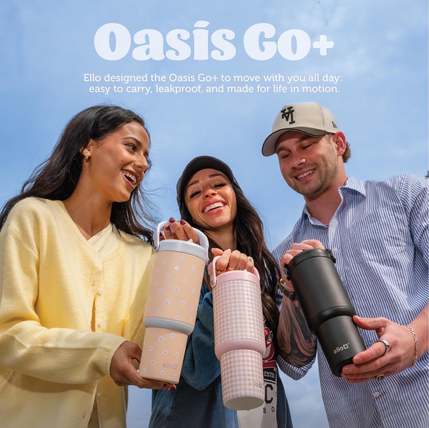 Ello Oasis Go+ 32oz Tumbler with Top Handle and Retracting Straw | Reusable Insulated Stainless Cup, 100% Leakproof Water Bottle, 24 Hours Cold, Cup Holder Friendly For Travel | Porcelain Rose Navy