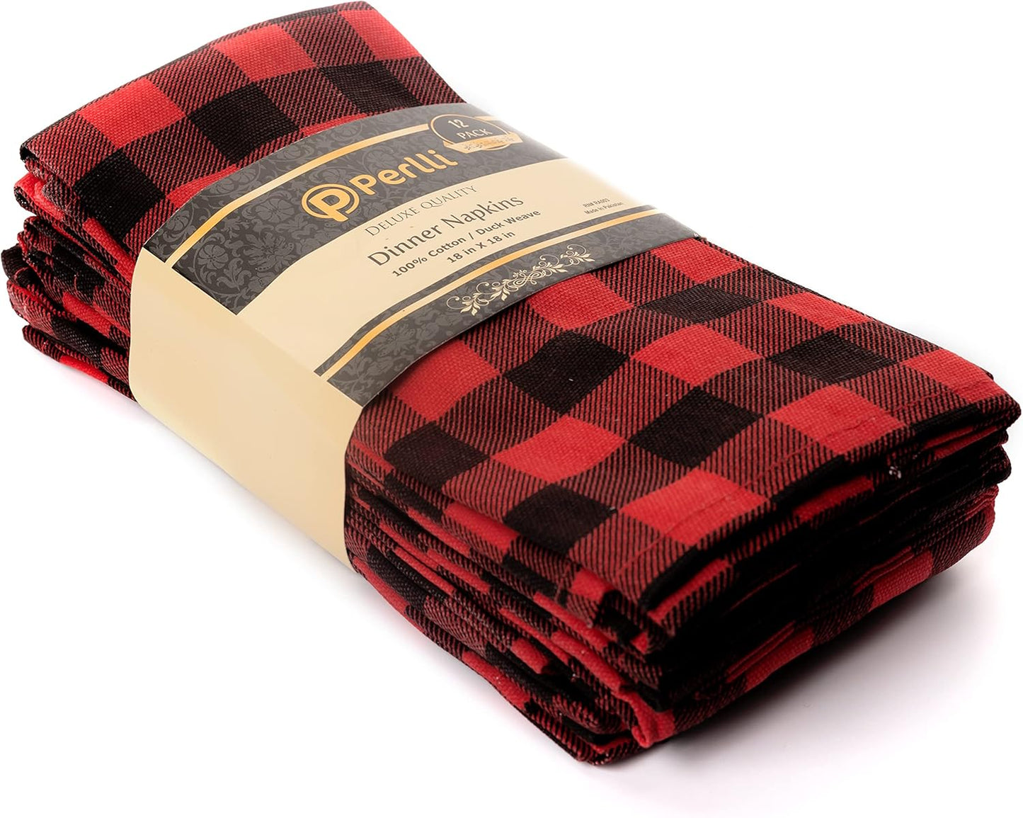 PERLLI Kitchen Cloth Napkins - Buffalo Plaid Red & Black - 100% Cotton, 18x18 Inches | 12 Pack, Washable & Reusable for Holiday Decor