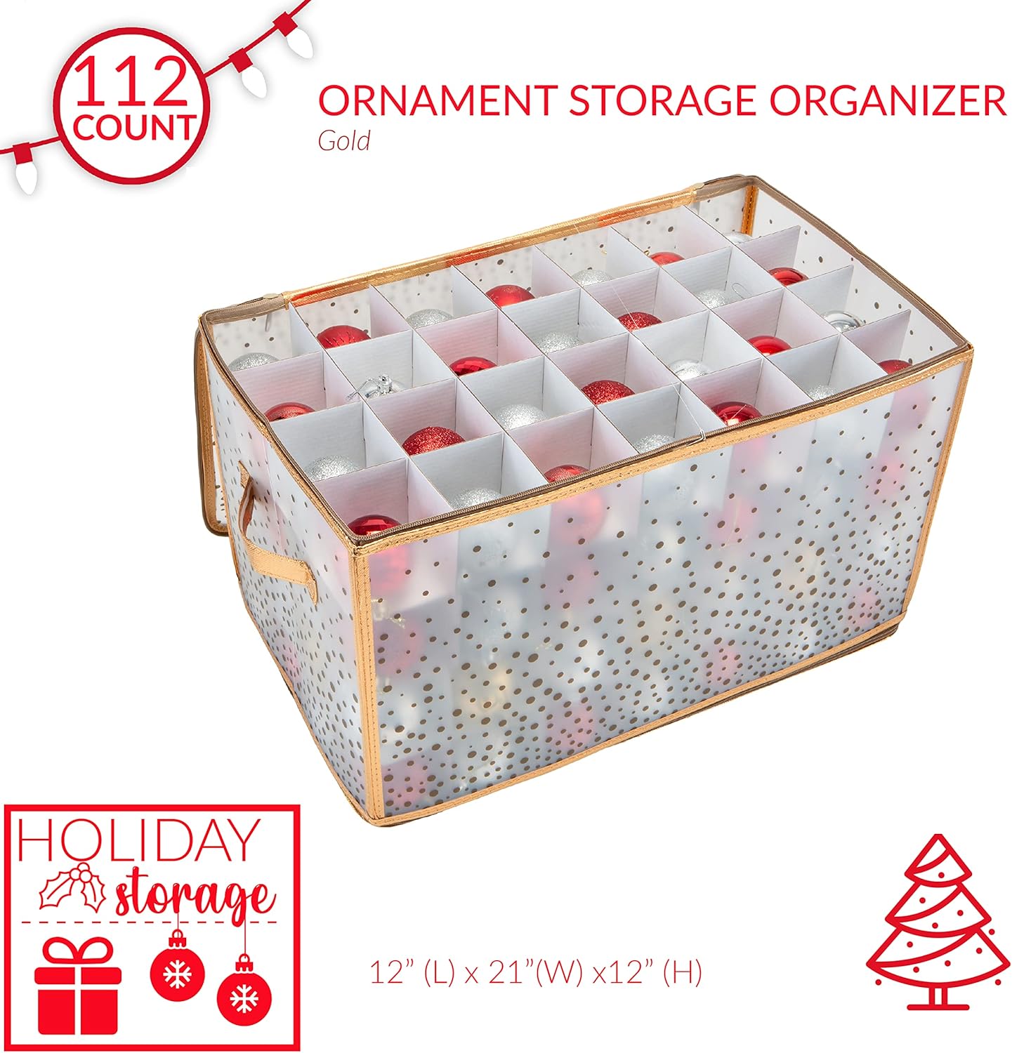 Ornament Storage Organizer for 112 Ornaments | Zipper Closure | Space-Saving Red Design