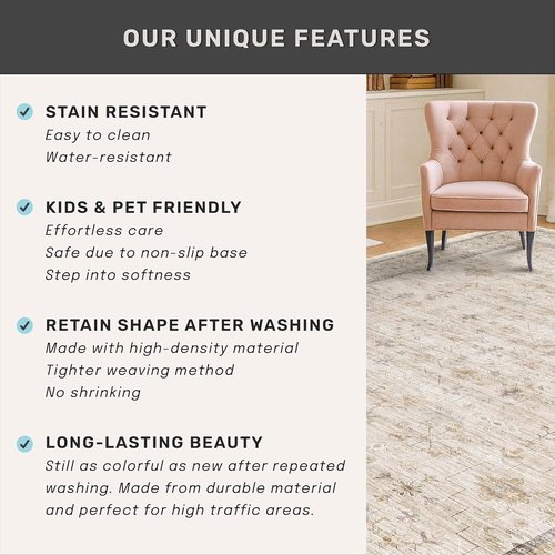Farmhouse Bathroom Rug - Machine Washable Non-Slip 2x3 Beige Area Rug | Vintage Low Pile Design