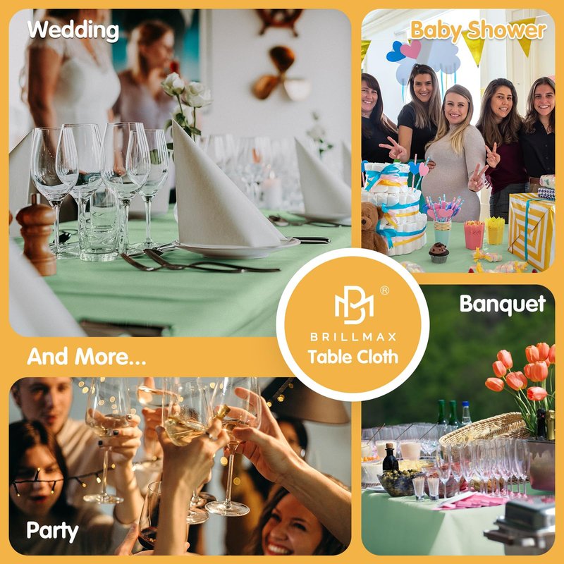 BRILLMAX 4 Pack Sage Green Tablecloths 90 x 156 Inch for 8ft Rectangle Tables - 150 GSM Polyester Fabric, Floor Length Drop, Water, Stain & Wrinkle Resistant Cloth Cover for Wedding Reception Banquet