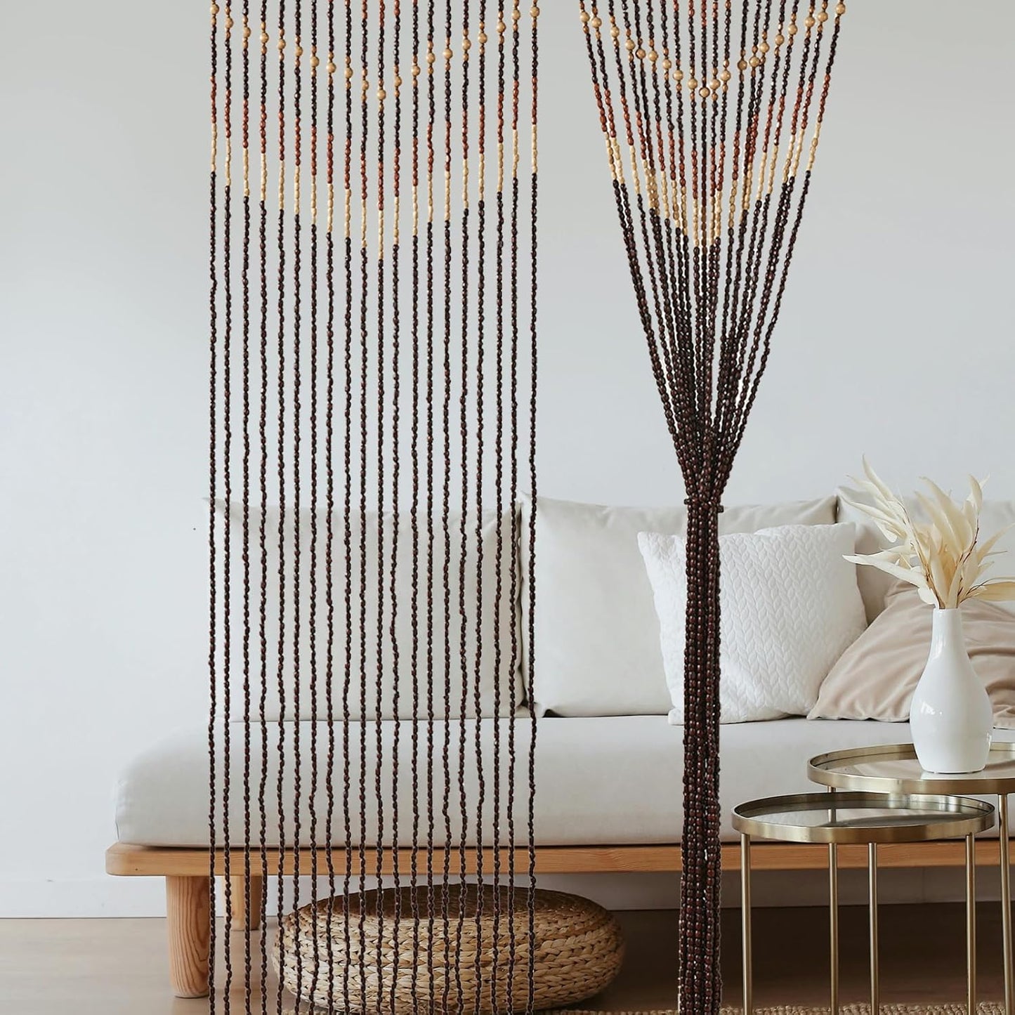35.5" x 75" Bamboo and Wood Beaded Curtain for Doorway 52 Strands Handmade Bohemian Door Beads Curtain Boho Hanging Room Divider for Bedroom Living Home Deco, Beige