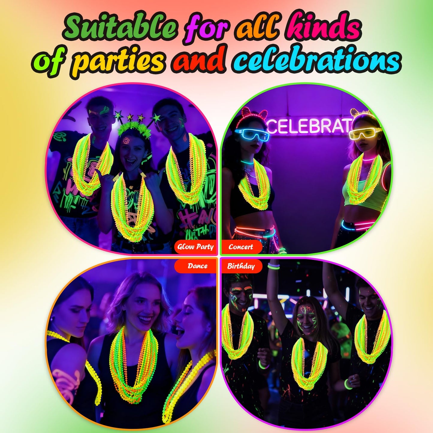 ABONDEVER 48PCS Glow in the Dark Beads Necklaces Glow Party Supplies, 33" Yellow Green Orange UV Black Light Necklaces for Glow Party Favors Night Accessories, Halloween Birthday Party Decorations