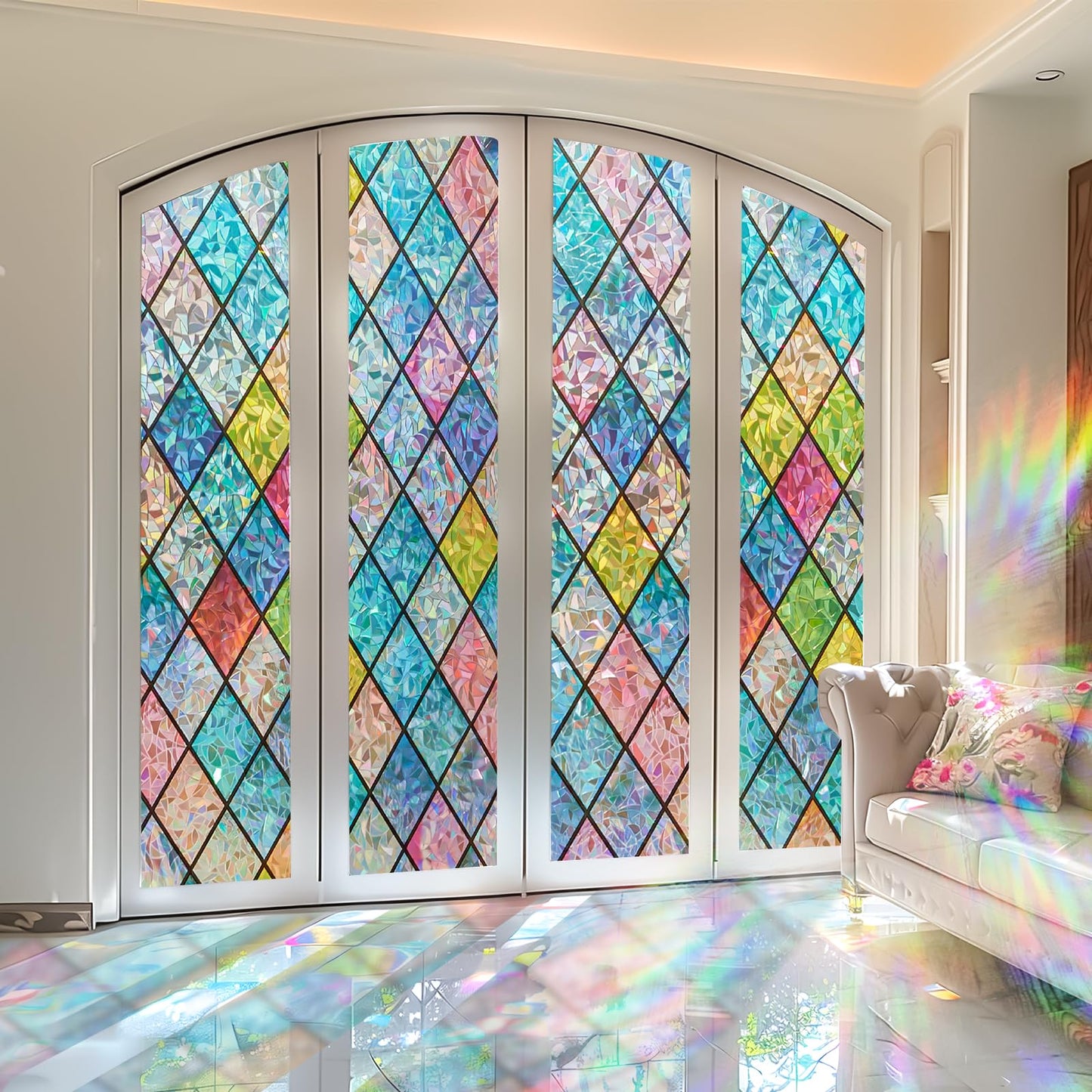 Windimiley Stained Glass Window Privacy Film:3D Rainbow Floral Decorative Frosted Static Cling Bathroom Heat Control Sun Blocking Window Sticker Non Adhesive Door Window Covering(23.6 x78.7in,Lattice)