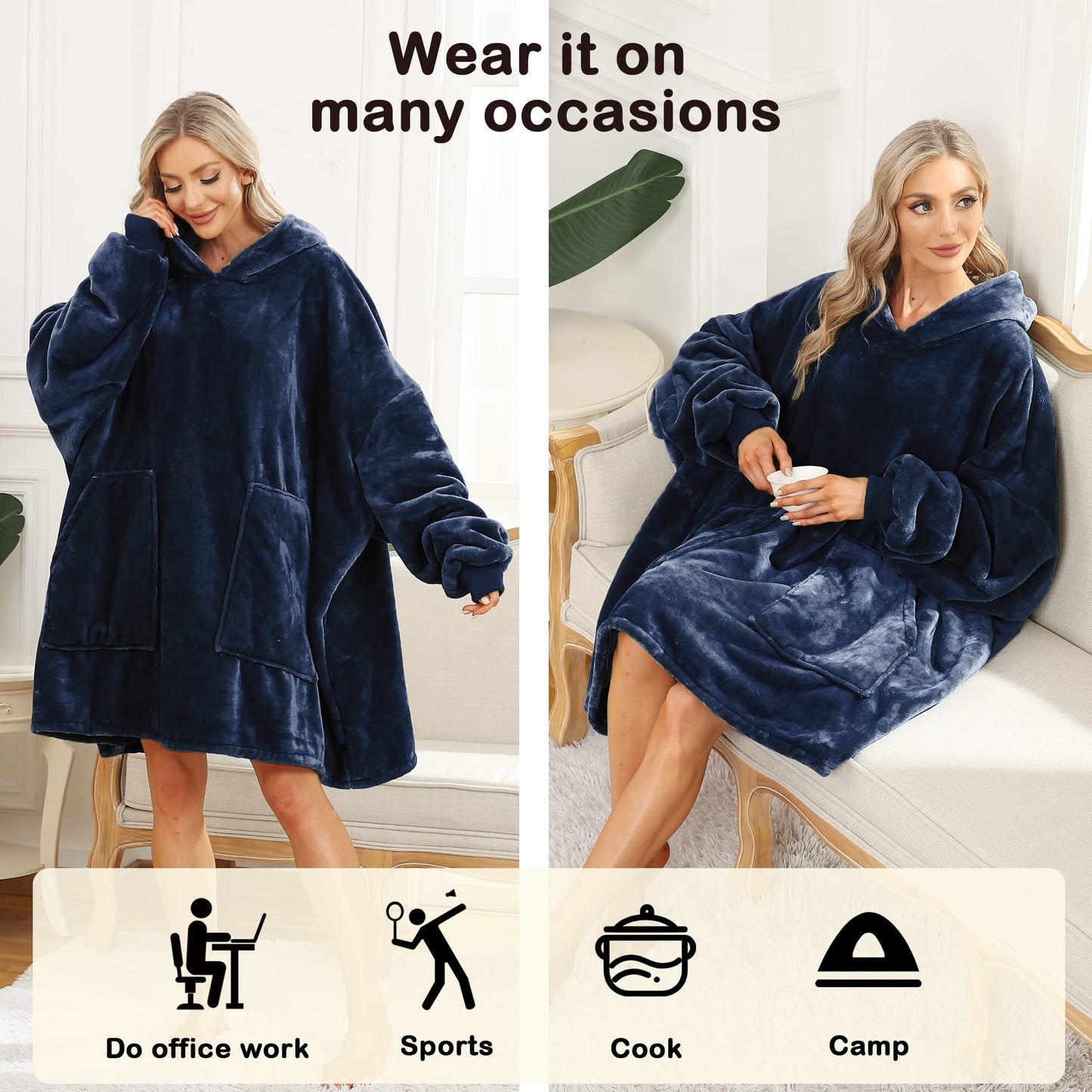 Kipswiza Blanket Hoodie - Wearable Blankets Oversized Soft Cozy Flannel Sweatshirt Blanket for Adult-Navy