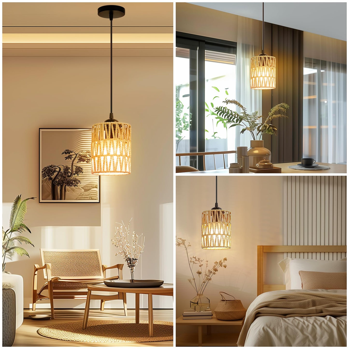 rerekiki Rechargeable Boho Pendant Lights for Kitchen Island, Wireless No Plug in RGBCW Rattan Hanging Lamp with Remote for Bedroom, Boho Style Over Table Dimmable Lighting Fixture for Dining Room