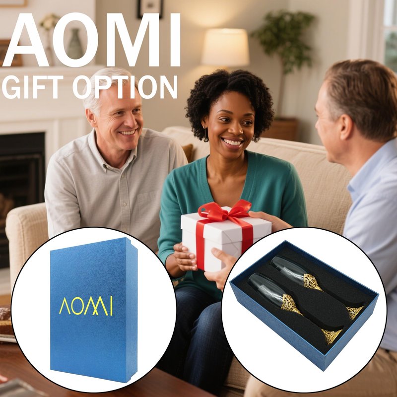 AOMI Wedding Champagne Flutes Toasting Glasses Luxurious Crystal- Gold 7oz Studded Champagne Glasses Set – Elegant Etched Flute Pair with Gift Box, Perfect for Weddings, Anniversaries & Celebrations