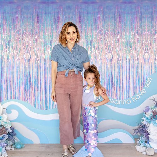 GOER 3.2 ft x 6.5 ft Metallic Tinsel Foil Fringe Curtains Party Photo Backdrop Party Streamers for Mermaid Birthday Party Decorations(2 Packs,Iridescent)