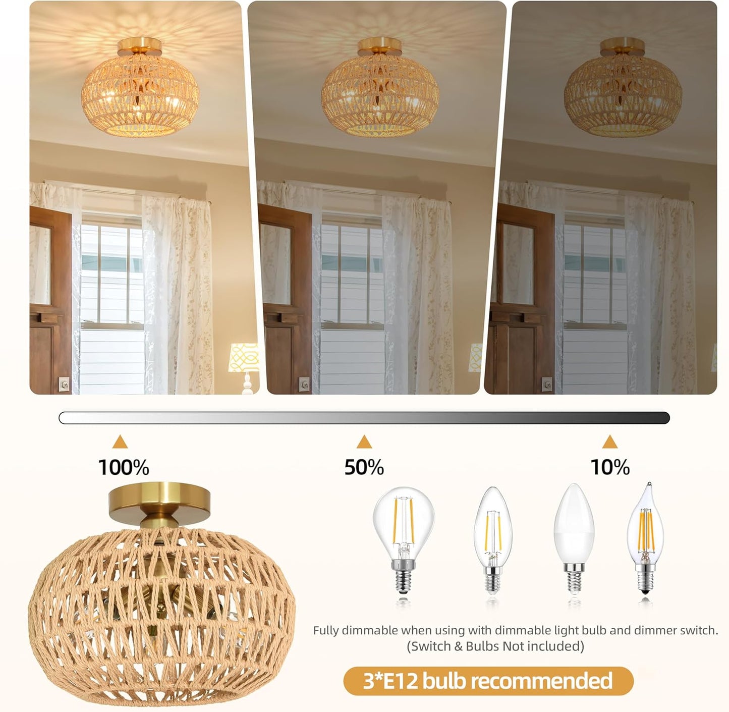 11.8" Rattan Light Fixture 3-Lights Boho Semi Flush Mount Ceiling Light Rattan Close to Ceiling Light Farmhouse Light Fixtures Ceiling with Handwoven Shade for Farmhouse Foyer
