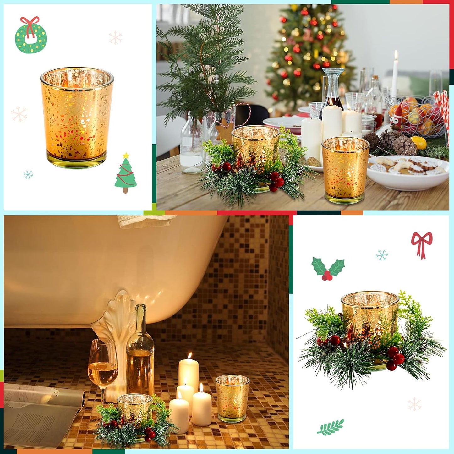 Skylety Christmas Votive Candle Holders - 4 Pack Glass Tealight Holders with Red Berry Wreaths