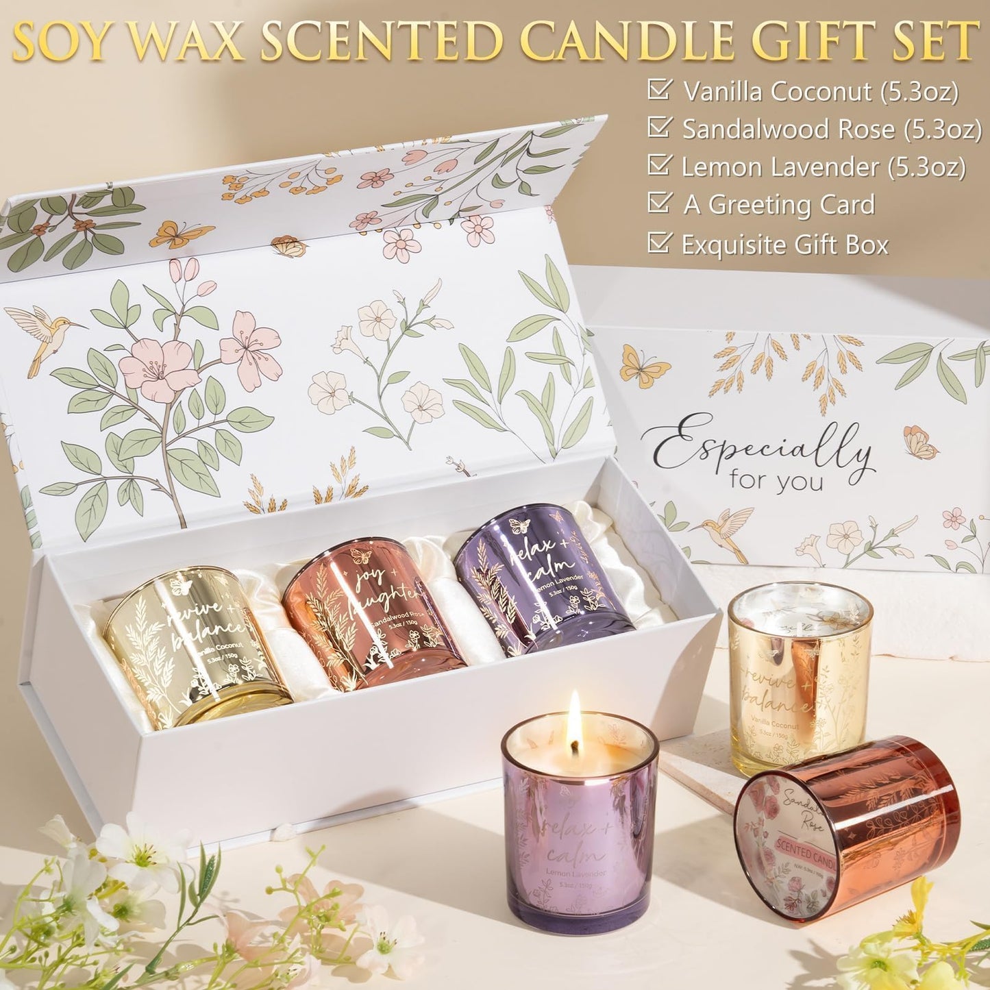 Scented Candles for Women, 3 Pack Candle Set Soy Candles for Home Scented Holiday Votive Candle Gifts Set, Easter Mothers Day Birthday Gifts for Women - Vanilla Coconut/Sandalwood Rose/Lemon Lavender