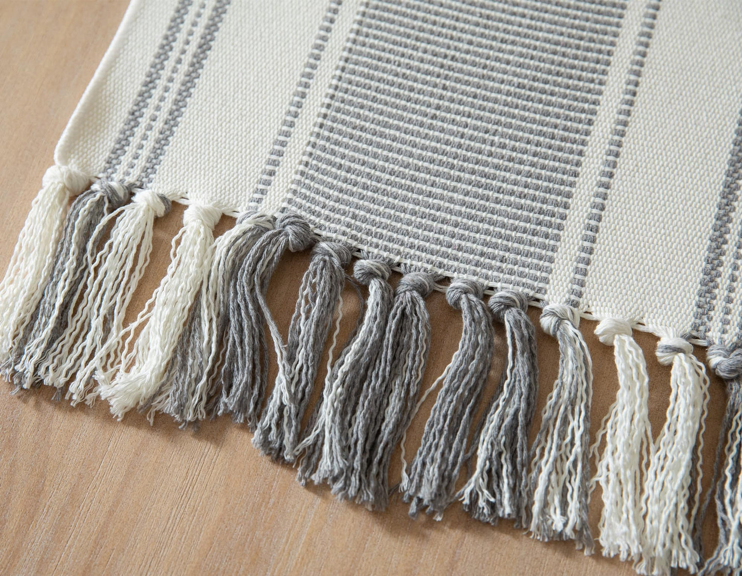Caflife Boho Table Runner Grey Stripe for Modern Farmhouse Coffee Table Decor, Rustic Woven Runner with Handcrafted Tassels for Home Dining Table décor 13 x 108 Inch Long