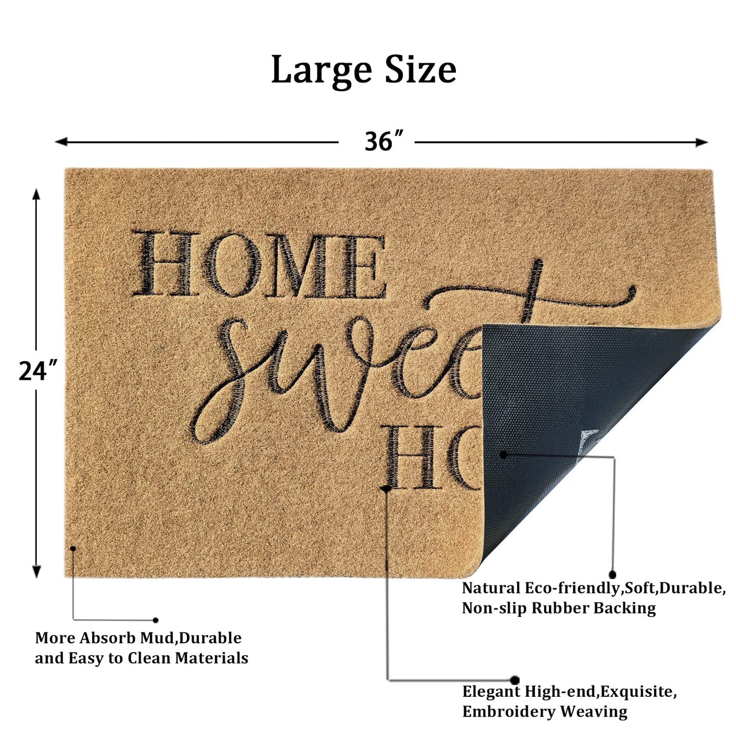 AAZZKANG Brown Welcome Mats for Front Door Large Home Sweet Home Doormat 36"x24" Outdoor Indoor Non Slip Mat with Rubber Backing Easy to Clean Entry Door Mat