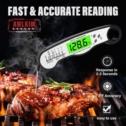 AWLKIM® Meat Thermometer Digital - Fast Instant Read Food Thermometer for Cooking, Candy Making, Outside Grill, IP67 Waterproof Kitchen Thermometer with Backlight, Stocking Stuffers for Men - Black
