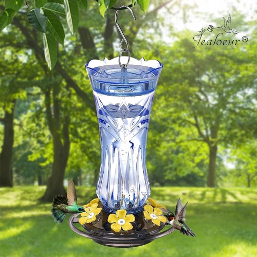 Jealoeur Hummingbird Feeder - 18 OZ Outdoor Feeder with 6 Bee Guard Ports & Ant Moat | Easy to Clean, Blue