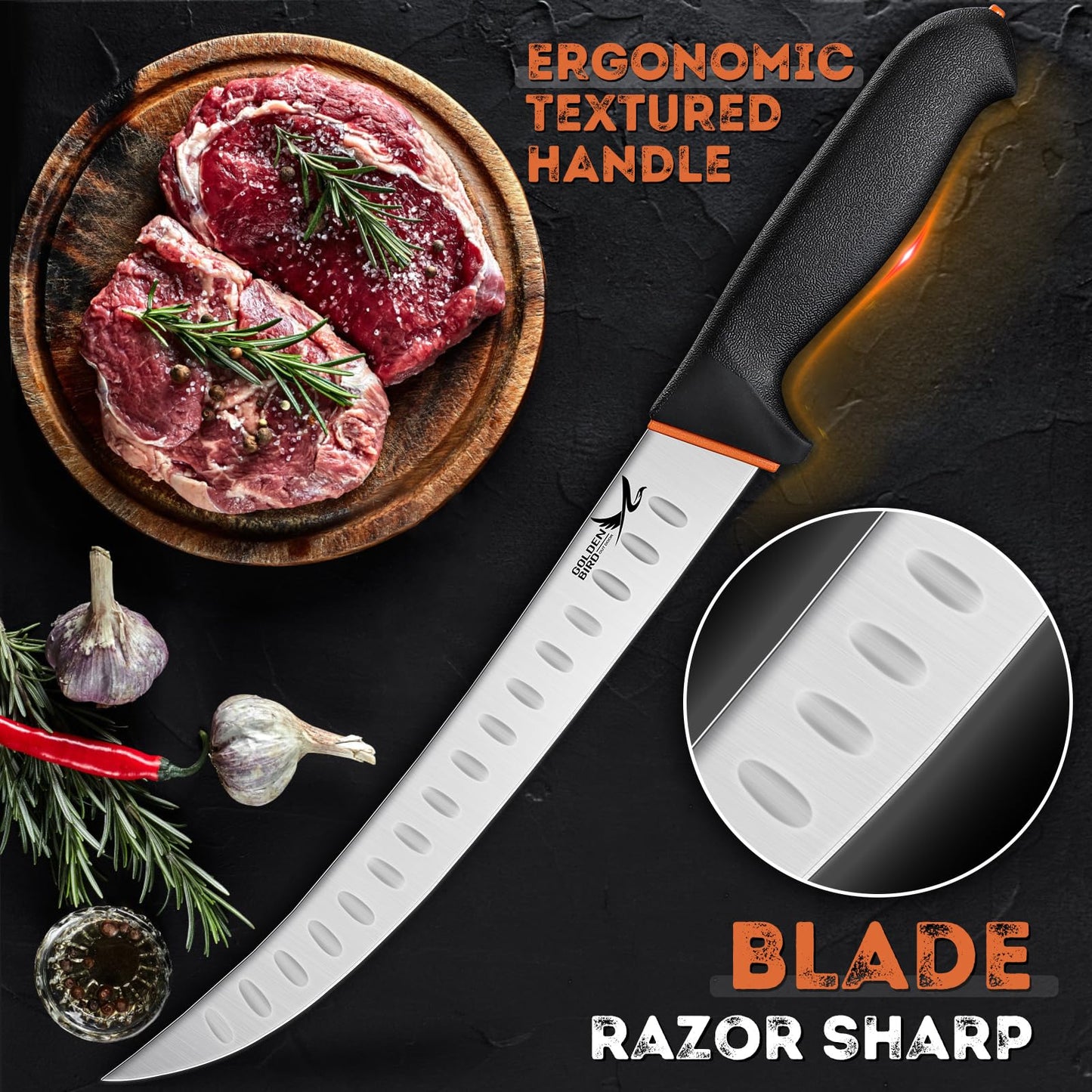 Golden Bird Butcher Knife Set - 4 Piece Professional BBQ Knife Set Include 6" Boning, 6" Skinning, 10" Butcher Breaking Knives & 8" Sharpener Rod