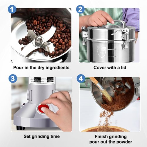 Greatrue 550g Electric Grain Mill Grinder, 304 Stainless Steel Flour Mill, 2000W High Speed Spice Grinder, Electric Grain Mill for Dry Wheat, Oats, Corn, Pepper and Coffee Beans