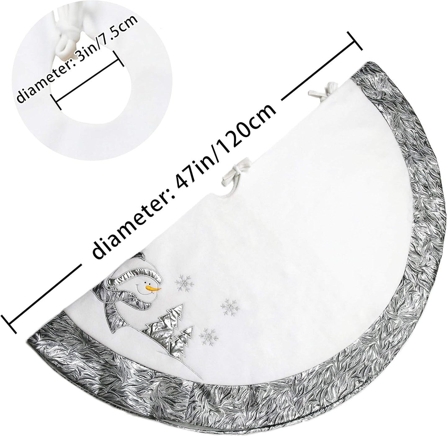 Luxury 36'' Snowman Christmas Tree Skirt - Silvery White Embroidered Snowflake with Satin Border