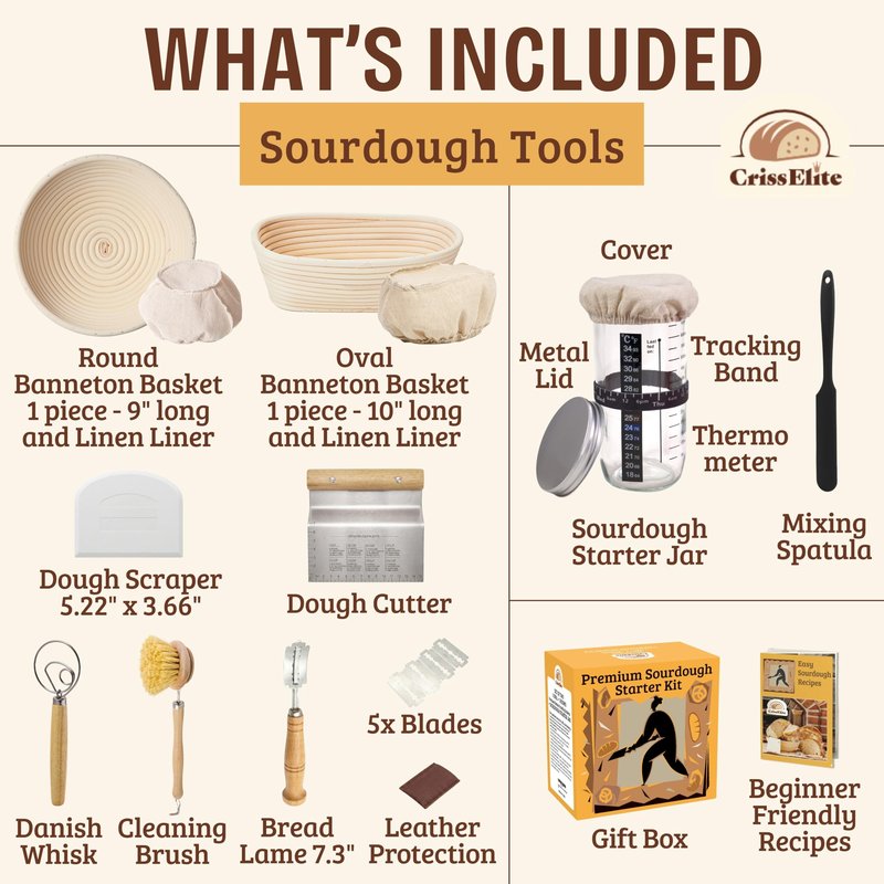 Sourdough Starter Kit – Complete Sourdough Bread Baking Supplies with 24oz Glass Sourdough Starter Jar, 9” Round & 10” Oval Banneton Proofing Basket Set, Sourdough Tools – Artisan Gift for Bakers