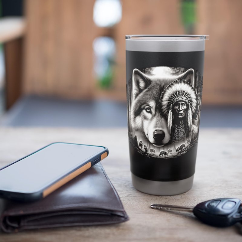 Native American Indian and Wolf Feathers Chief Art Stainless Steel Insulated Tumbler