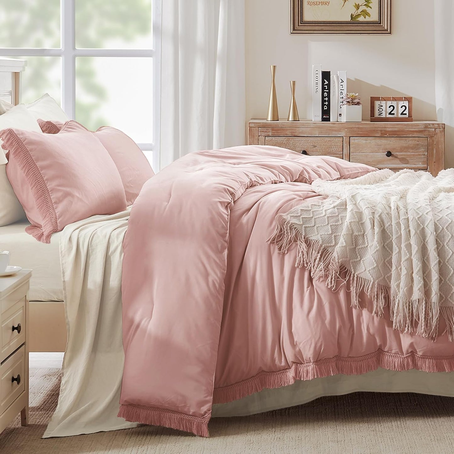 Andency Pink Comforter Set King Size for Girls, Blush Boho Women Tassel Lightweight Bedding Comforter Sets, 3 Pieces All Season Soft Fluffy Fringe Bed Set (104x90In Comforter & 2 Pillowcases)