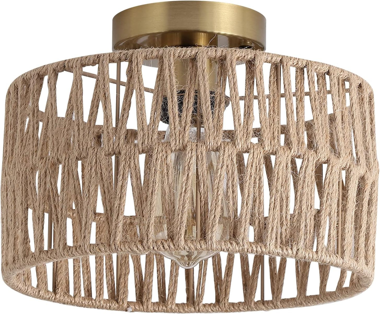 3-Light Antique Gold Woven Flush Mount Light Fixture Rustic Coastal Hemp Rope Brass Semi Flush Mount Ceiling Light for Hallway Bedroom Kitchen Entryway Farmhouse Living Room