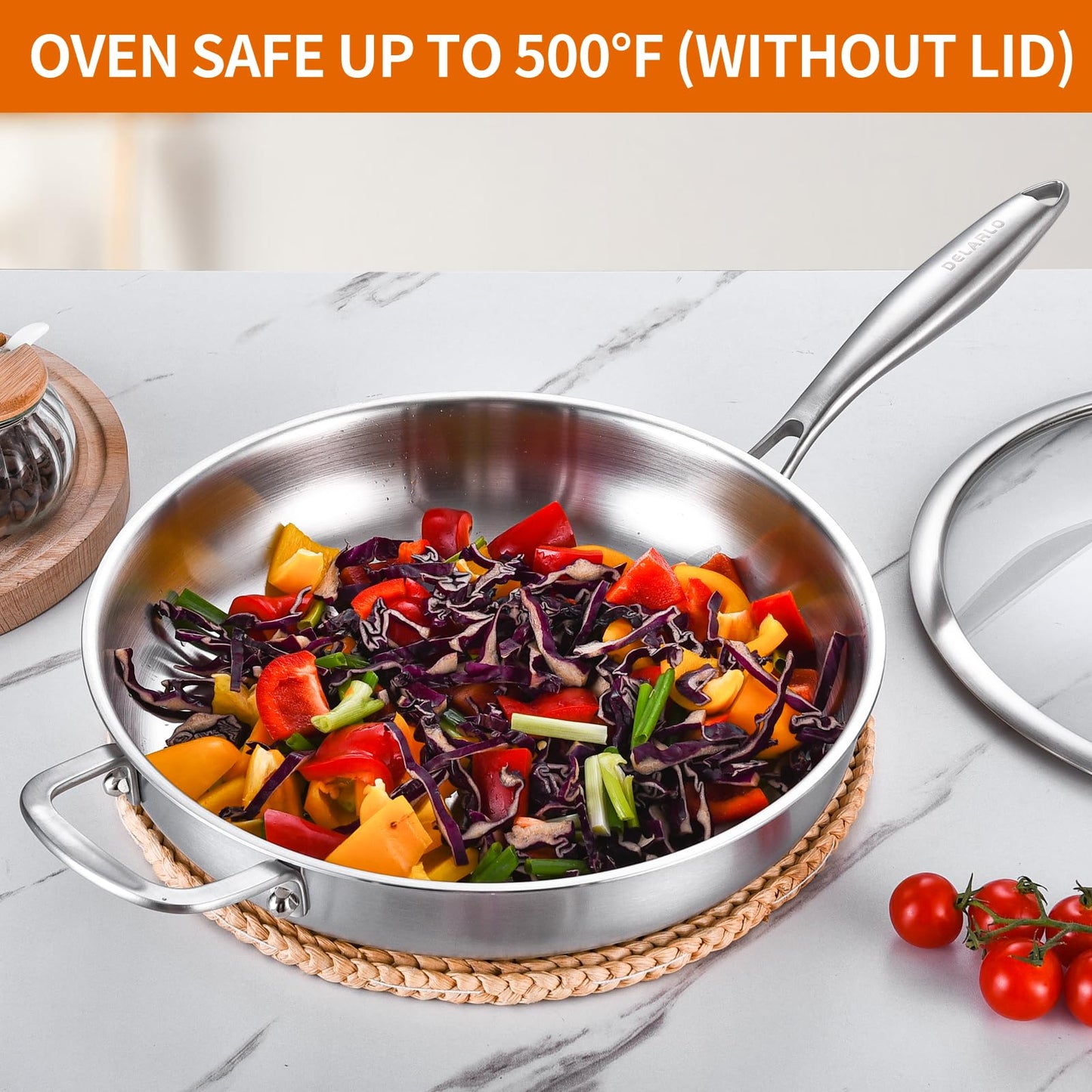 DELARLO Stainless Steel Pan 14-Inch, Large Frying Pan with Lid, Heavy Duty, Compatible with Induction, Gas and Electric up to 650℉, Fast & Even Heating, Dishwasher, Oven Safe Skillet, PTFE & PFOA Free