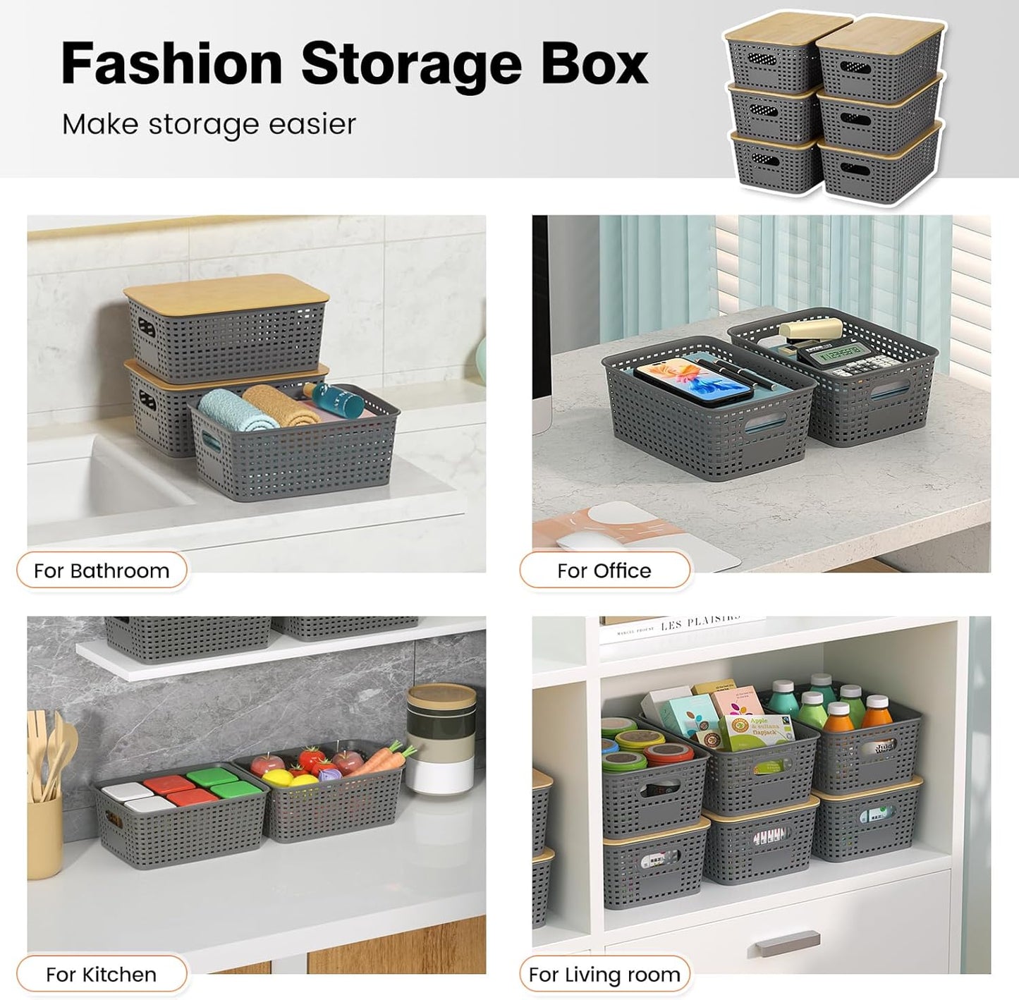 Plastic Storage Baskets With Bamboo Lid - Stackable Organizing Bins for Home & Office | 6 Pack, Gray