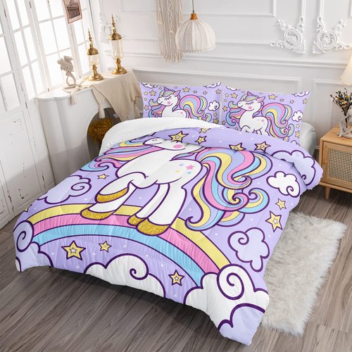 Axolotl Rainbow Unicorn Bedding Set Full,Purple Unicorn Kids Comforter Sets with Stars Cloud for Girls,1 Quilt with 2 Pillowcases for Girls Kids Teens Children Adults Bedroom Decor All Season