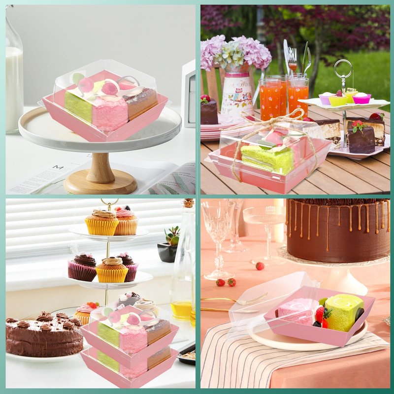 TANEMUDO 200 Pack Charcuterie Boxes with Clear Lids and Rope for 4 Inches Cake Boxes Disposable Square Dessert Food Containers for Bakery Cookies Strawberries Fruits Display (Pink)