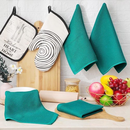 Homaxy 100% Cotton Waffle Weave Dish Cloths - Ultra Soft & Absorbent Quick Drying Towels | 12-Pack, Teal, 12 x 12 Inches