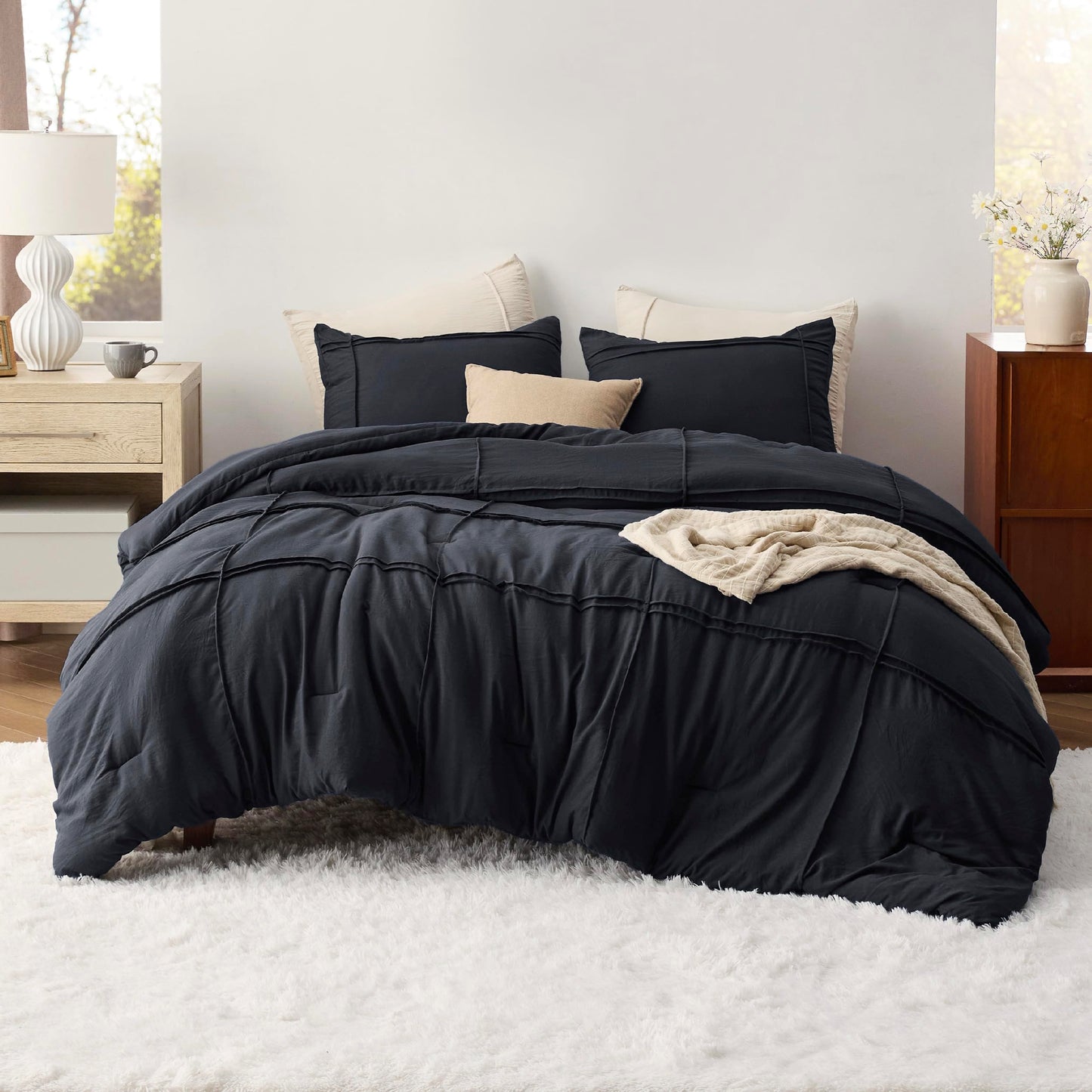Bedsure California King Comforter Set with Sheet - 4 Pieces Soft Black Bedding, Grid Pinch Pleat, All Season Lightweight Fluffy Bed Set with Solid Boho Comforter, Pillowcases & Sheet