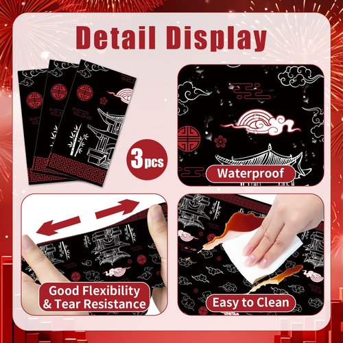3-Piece 54 × 108 Inch Hibachi Plastic Tablecloth – Black and Red Oriental Disposable Rectangle Table Cover for Chinese New Year, Lunar New Year Party, Asian Festival, and Cultural Celebrations