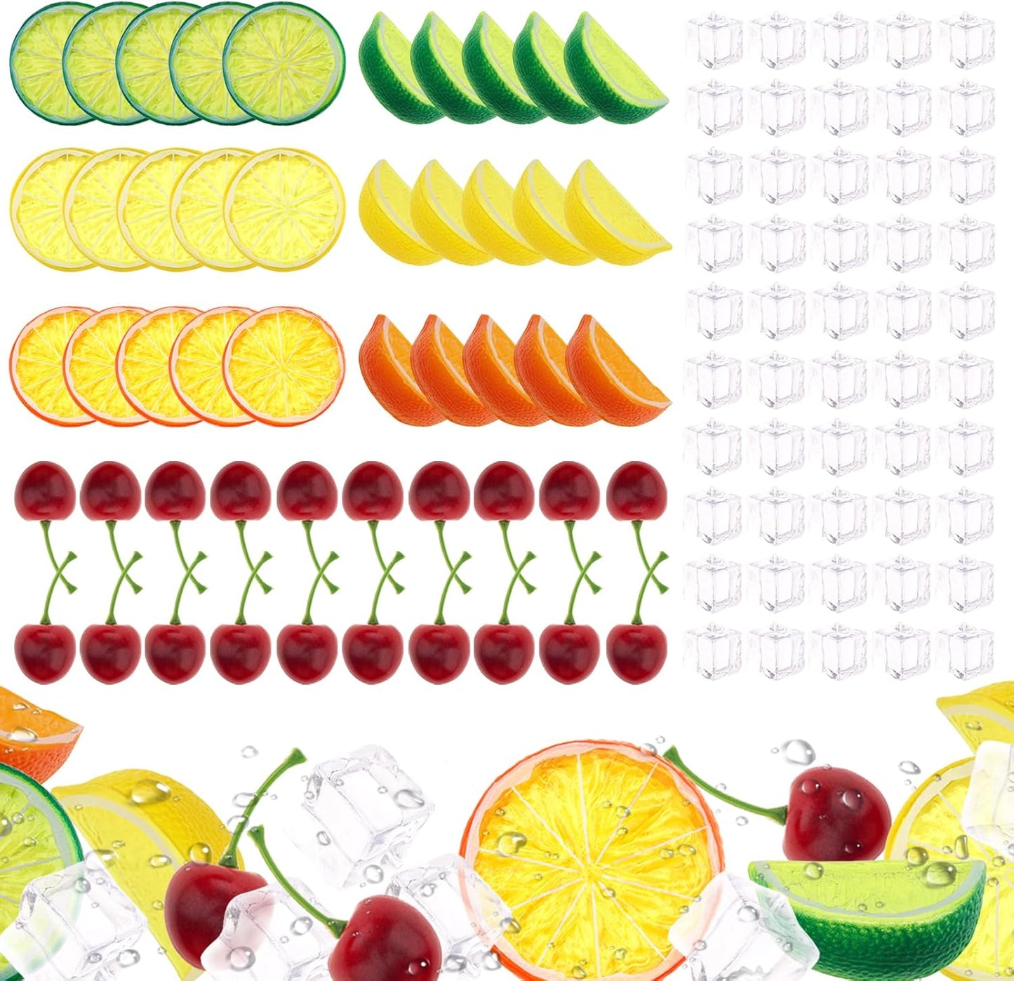 100pcs Artificial Yellow Lemon Slice & Cherry Ice Cube Decorations for Home Party