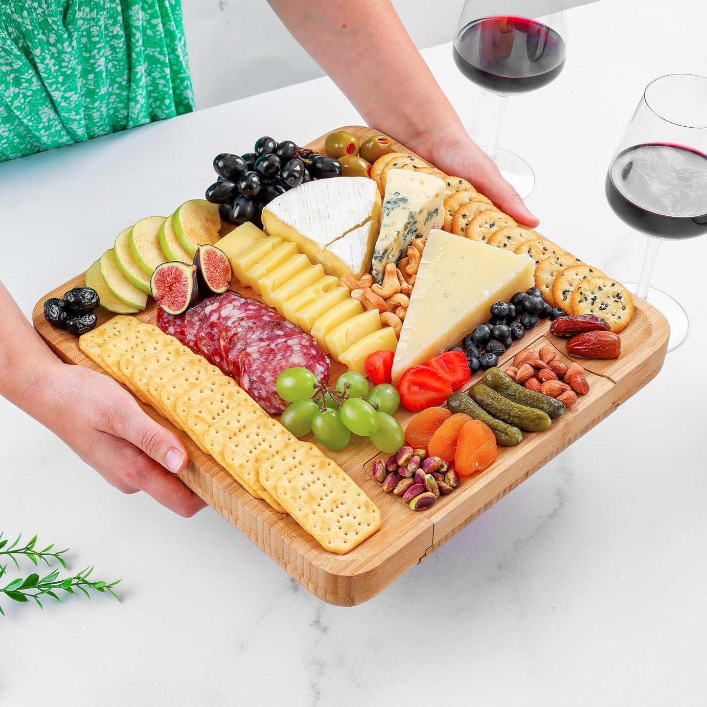 Zulay Kitchen Premium Bamboo Cheese Board Set - Extra Thick Charcuterie Board with 4 Knives | Perfect for Wine & Cheese Lovers