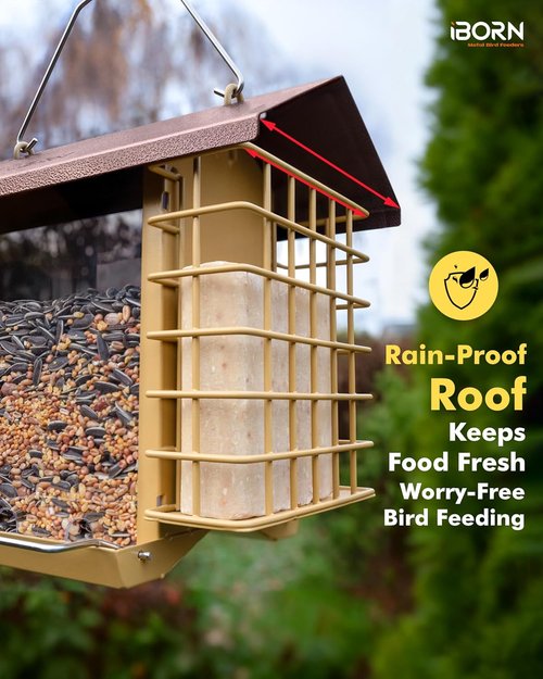 iBorn Bird Feeders - Weatherproof Suet Feeder with Double Holders | Easy to Refill & Clean, 3.2 LB Capacity, Coffee Roof & Yellow Grid