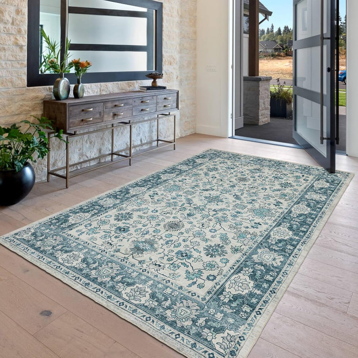 Area Rug 3×5, Vintage Boho Rug,Ultra-Soft Low Pile, Washable, Non Slip,Stain Resistant, Printed Carpet for Living Room Bedrooms Playroom Office Kitchen,Turquise/Cream