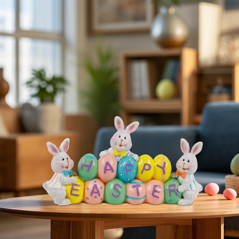 DR.DUDU Easter Decorations Eggs Bunny, Hand-Painted Resin Tabletop Centerpiece, Decor Bunny Figurine for Home Room Table Office Party (Happy Easter)