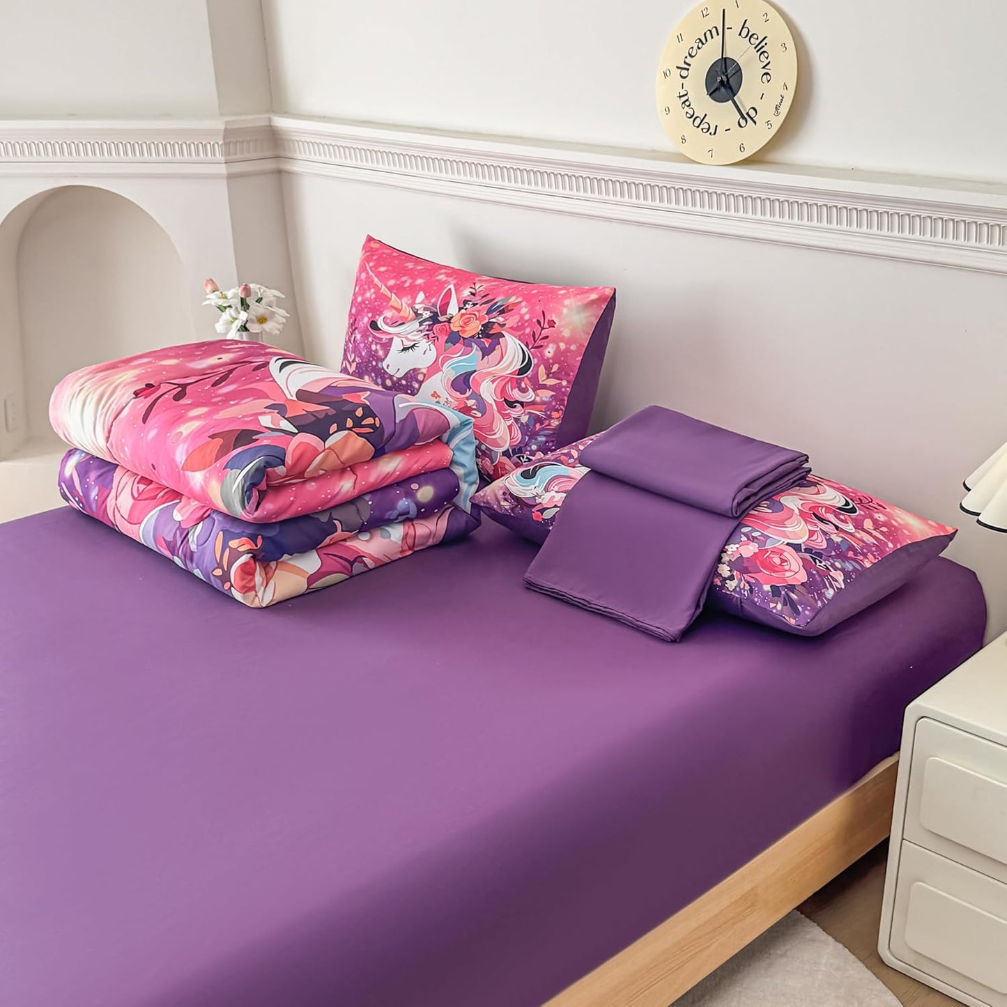 Peopleareok Unicorn Full Comforter Set for Girls Kids, Cute Pink Purple Unicorn Print Bedding Set Full, 5-Piece Bed in a Bag, Kids Cartoon Kawaii Comforter with Sheet Set