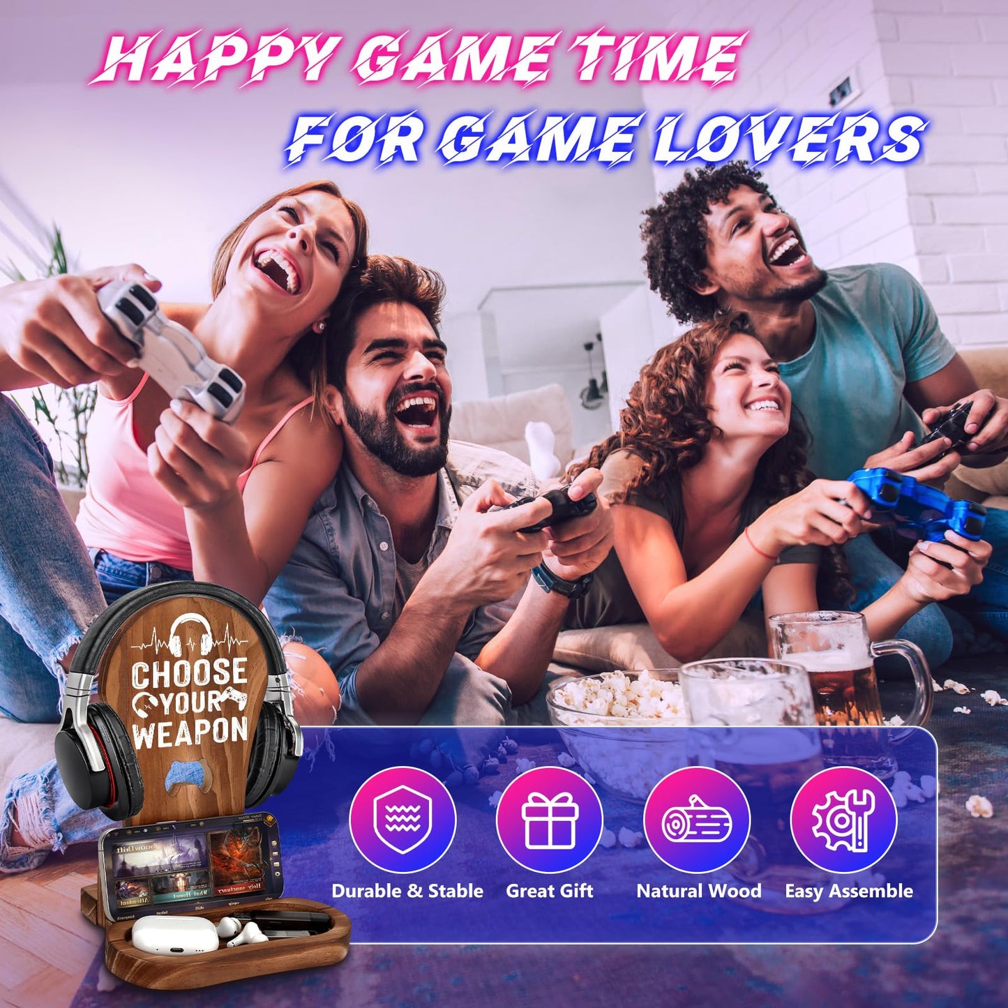 Gamer Gifts for Teenage Boys, Gaming Christmas Birthday Gifts for Men Son Boyfriend Husband Game Lover, Gamer Room Decor for Man, Wood Headset Stand for Gaming Desk Decor -Choose Your Weapon