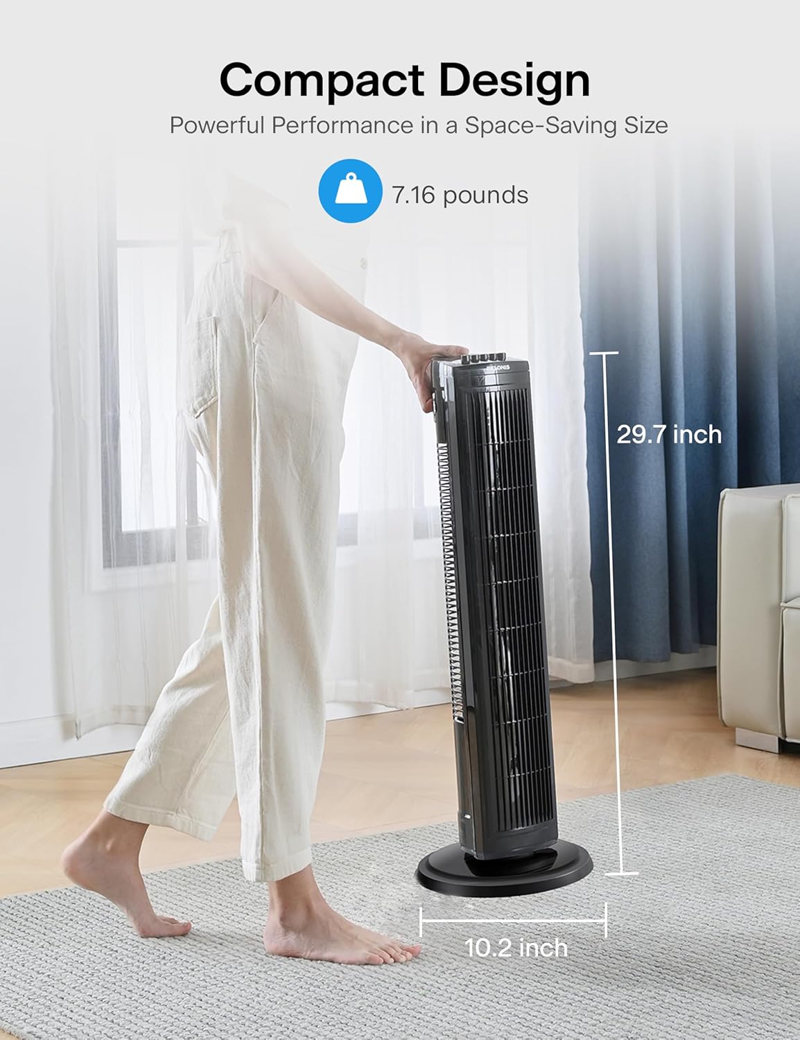 PELONIS 30-Inch Oscillating Tower Fan - 3 Speed Settings & Auto-Off Timer | Black, Medium Size
