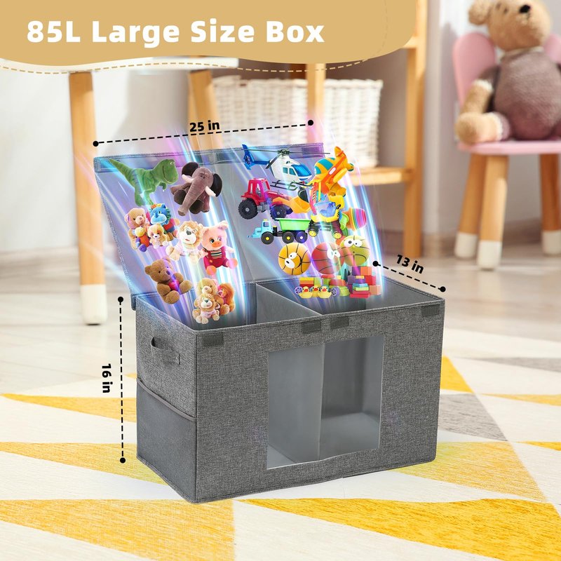 NETANY Clear Window Toy Box & Toy Chest with Lid - Large Toy Storage Organizer, CollapsibleToy Bin with Mesh Pockets for Boys, Girls, Playroom,Living Room Area Organization 25"x13" x16" (Linen Gray)