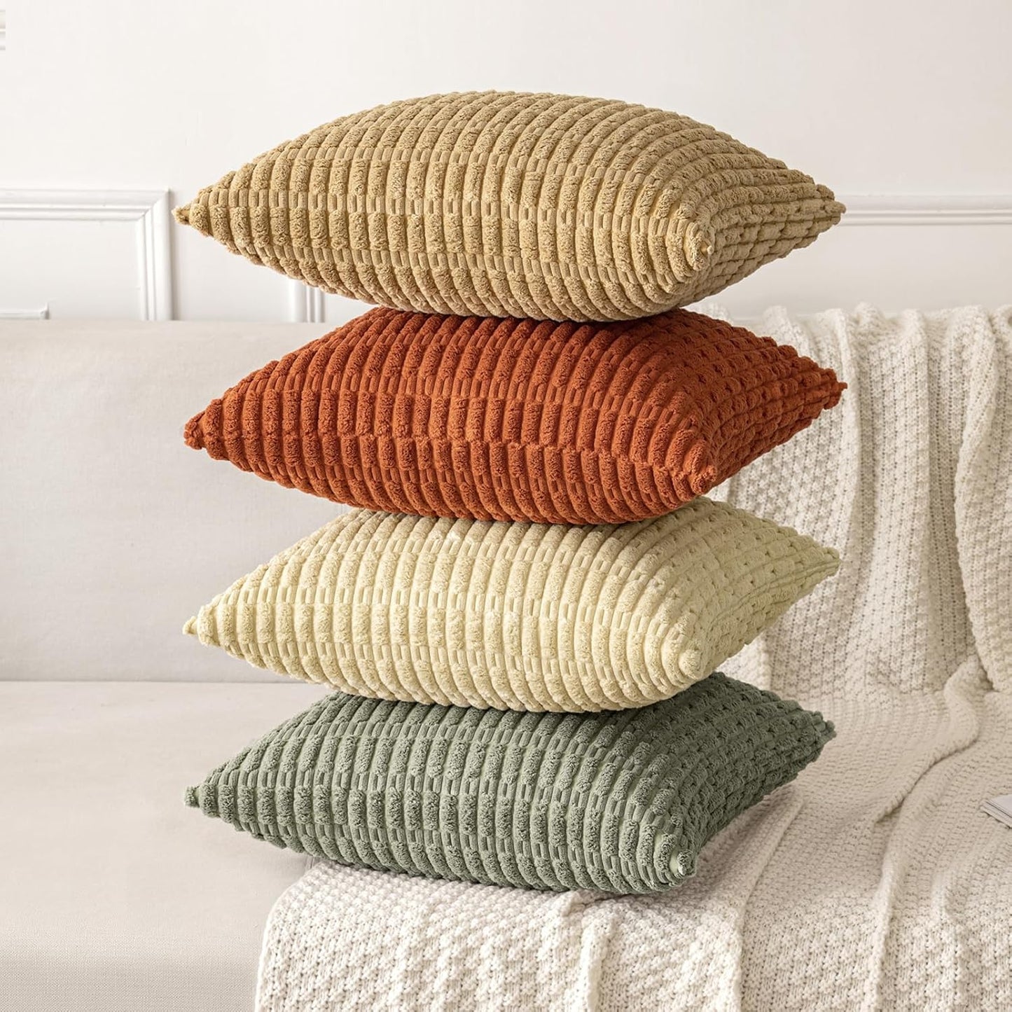 MIULEE Corduroy Throw Pillow Covers - Soft Boho Striped Design | 16x16 Inch Light Olive Green - Perfect for Modern Farmhouse Decor