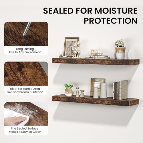 FLYJOE Floating Wall Shelf - 55"W Long Wooden Display Shelf with Invisible Brackets | Rustic Brown